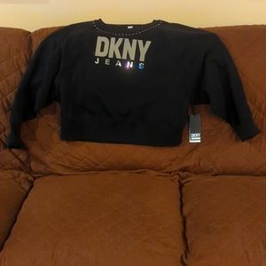 NWT DKNY Jeans Women's XL Sweatshirt with Metallic Logo and Rhinestones, Size XL